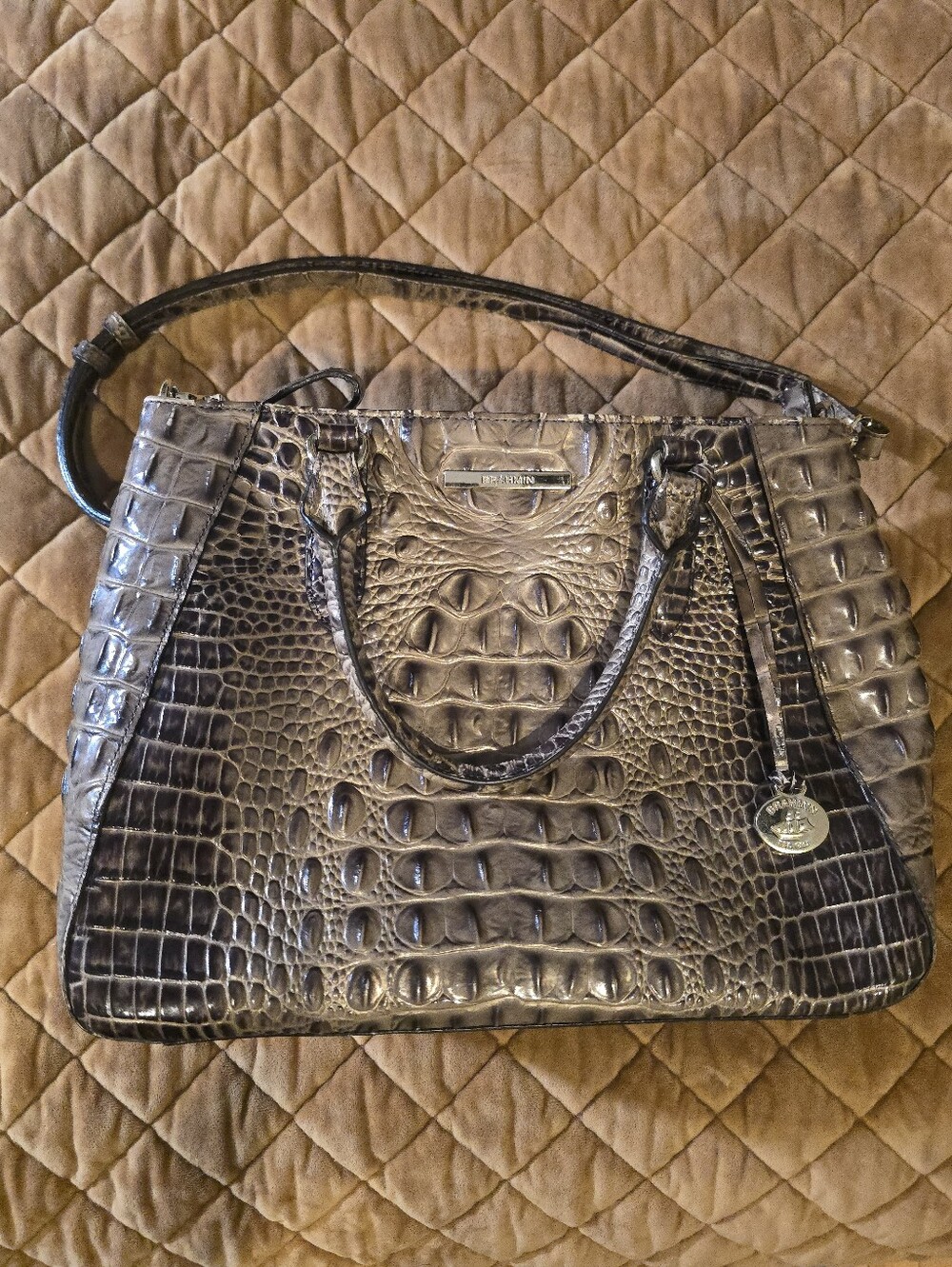 Brahmin Croc-Embossed Satchel in Taupe